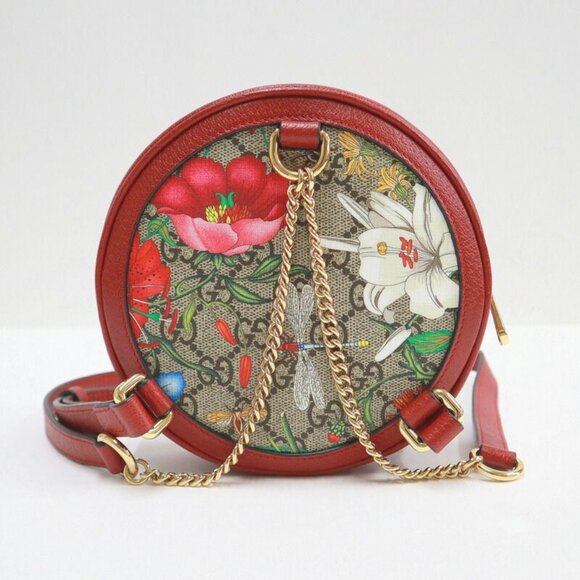 Gucci Mini Circle Backpack Ophidia GG Flora Leather Khaki Red - Picture 3 of 10